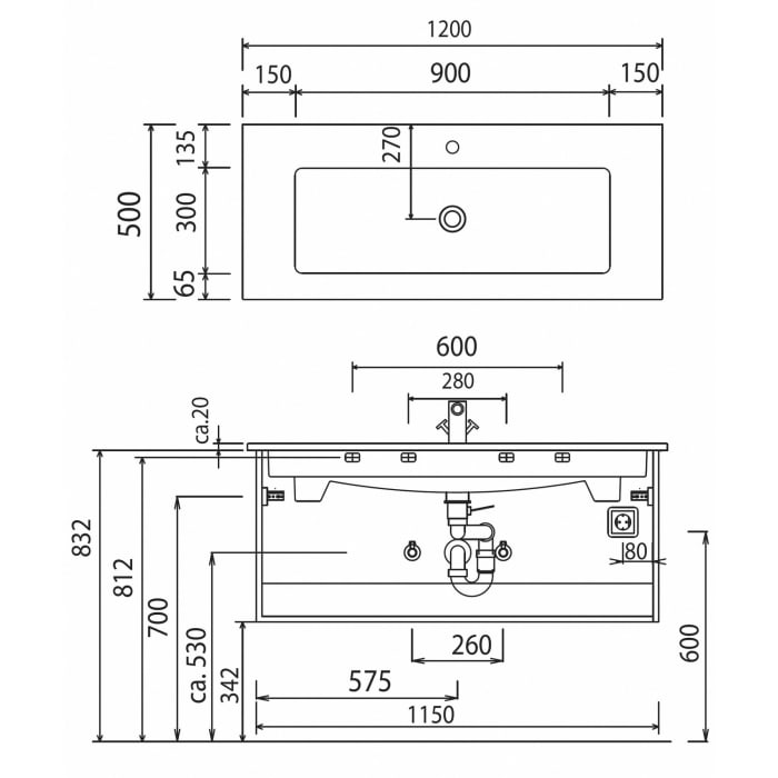 Puris b • brace Waschtisch-Set 120 cm mit Keramik-Einzelwaschtisch Villeroy & Boch Venticello
