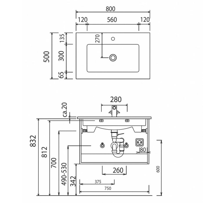 Puris b • brace Waschtisch-Set 80 cm mit Keramik-Einzelwaschtisch Villeroy & Boch Venticello mit CeramicPlus