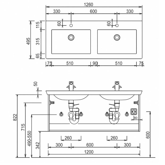 Puris b • brace Waschtisch-Set 126 cm mit Keramik-Doppelwaschtisch Valencia, 2 Auszüge