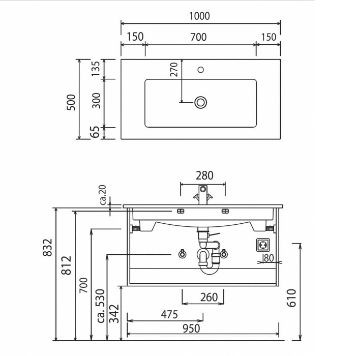 Puris b • brace Waschtisch-Set 100 cm mit Keramik-Einzelwaschtisch Villeroy & Boch Venticello mit CeramicPlus