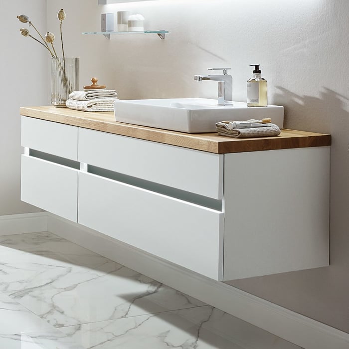 Puris b • essence Set mit Waschtischunterschrank rechts, Unterschrank und Waschtischplatte 161,2 cm, Griff 341