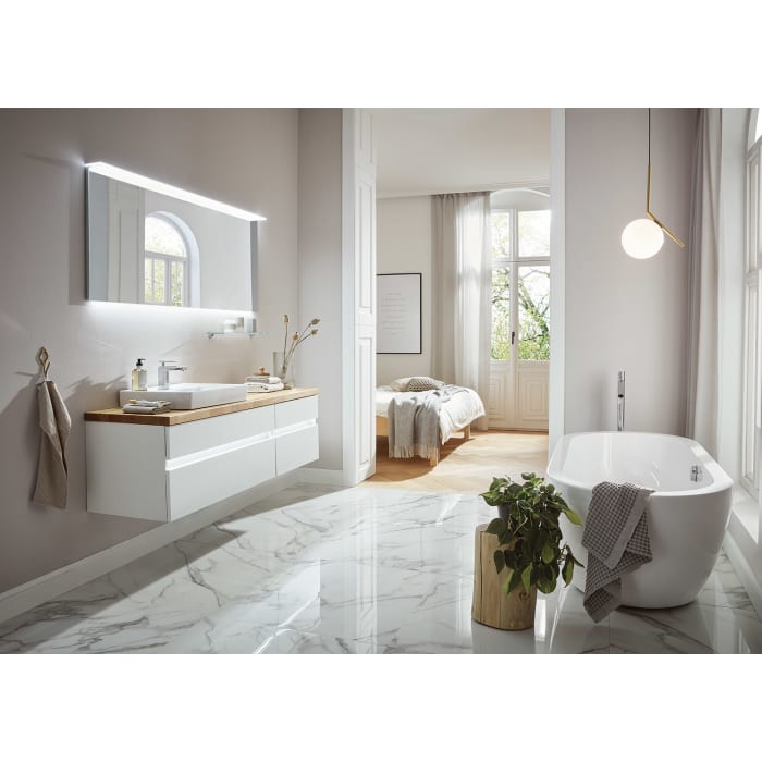 Puris b • essence Set mit Waschtischunterschrank rechts, Unterschrank und Waschtischplatte 161,2 cm, mit LED-Beleuchtung, Griff 341