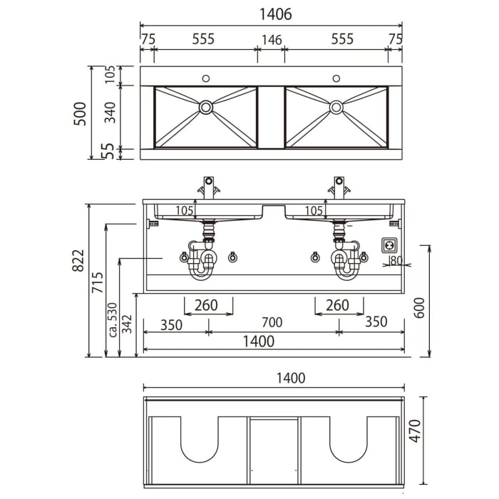 Puris b • straight Waschtischunterschrank 140 cm mit 2 Auszügen