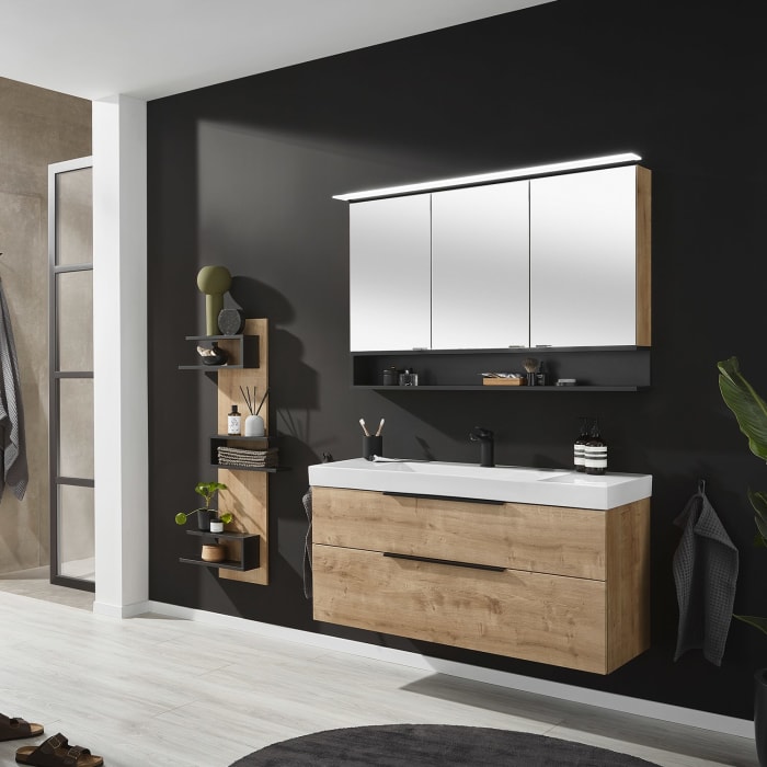 Puris c!mano Serie A Spiegelschrank 120 x 80 cm mit 3 Türen und Regal rechts geöffnet