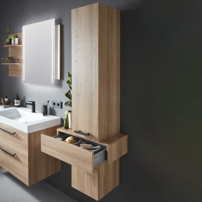 Puris c!mano Hochschrank 60 cm mit 1 Tür, Anschlag links, 1 Schubkasten, 1 Auszug, Griff 359