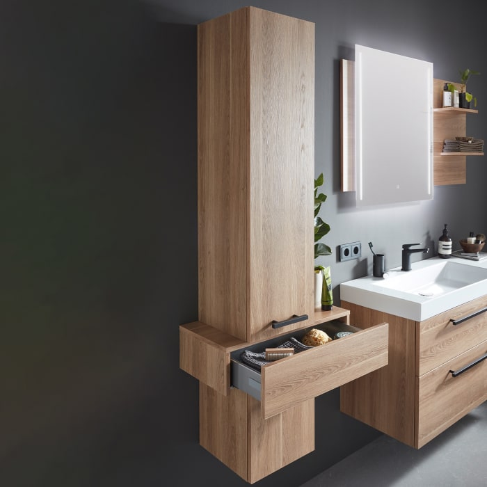 Puris c!mano Hochschrank 60 cm mit 1 Tür, Anschlag rechts, 1 Schubkasten, 1 Auszug, Griff 339