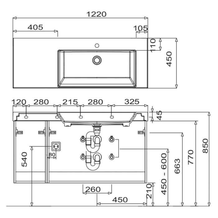Puris c!mano Waschtischset 122 cm mit Waschtisch, Ablage links und 2 Unterschränken, Griff 338
