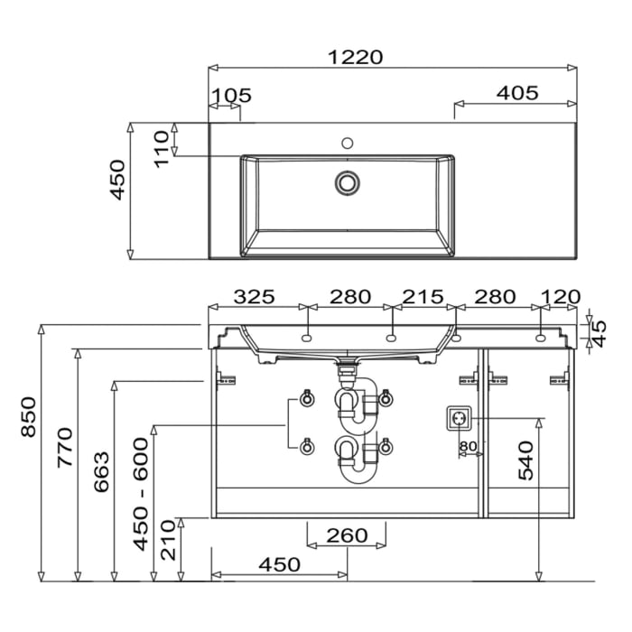Puris c!mano Waschtischset 122 cm mit Waschtisch, Ablage rechts und 2 Unterschränken, Griff 289