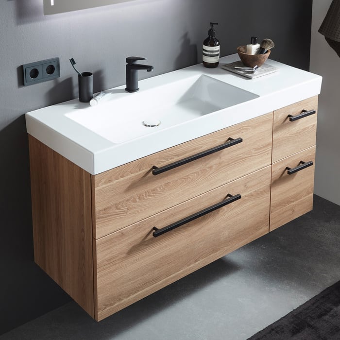 Puris c!mano Waschtischset 122 cm mit Waschtisch, Ablage rechts und 2 Unterschränken, Griff 359