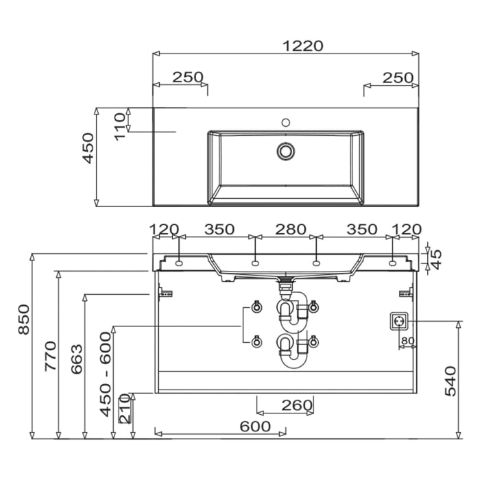 Puris c!mano Waschtischset 122 cm mit Waschtischunterschrank mit 2 Auszügen, Griff 339