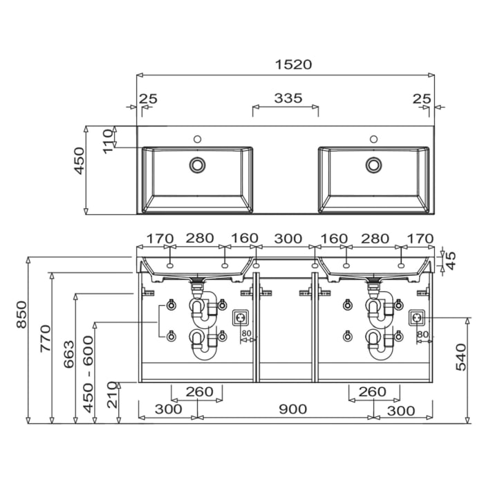 Puris c!mano Waschtischset 152 cm mit Doppelwaschtisch und 3 Unterschränken,  Griff 338
