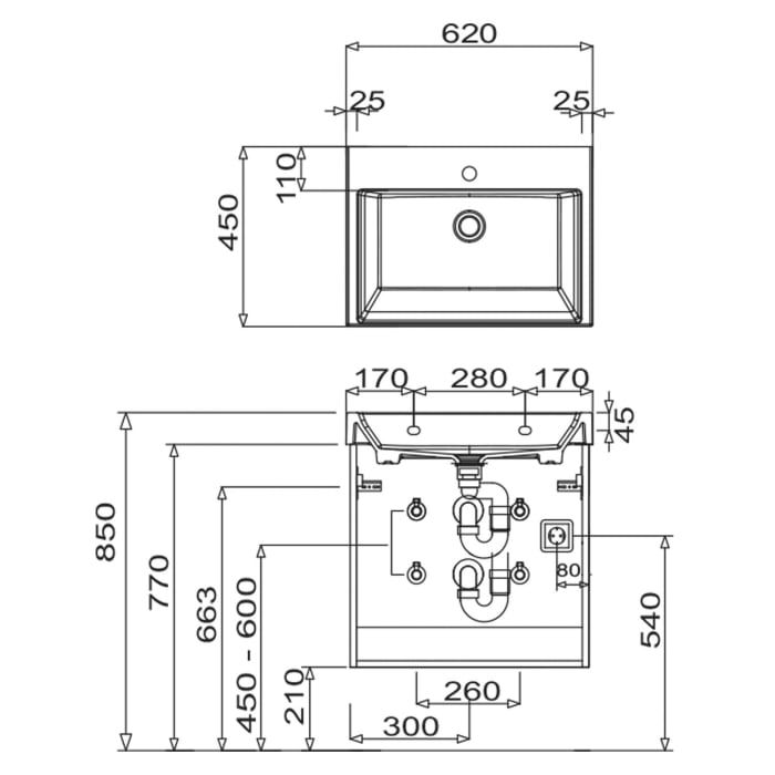 Puris c!mano Waschtischset 62 cm mit Waschtischunterschrank mit 2 Auszügen, Griff 289