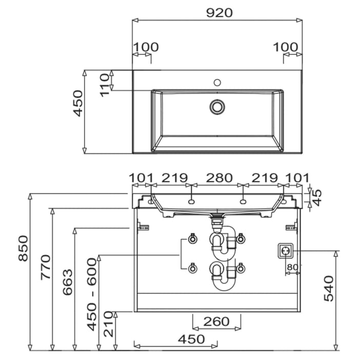 Puris c!mano Waschtischset 92 cm mit Waschtischunterschrank mit 2 Auszügen, Griff 338