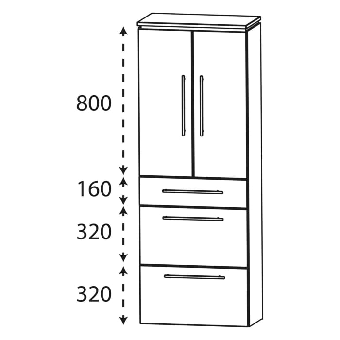 Puris Cool Line Hochschrank 60 x 30 x 164 cm mit 2 Auszügen, 1 Schubkasten und 2 Türen, Griff 292
