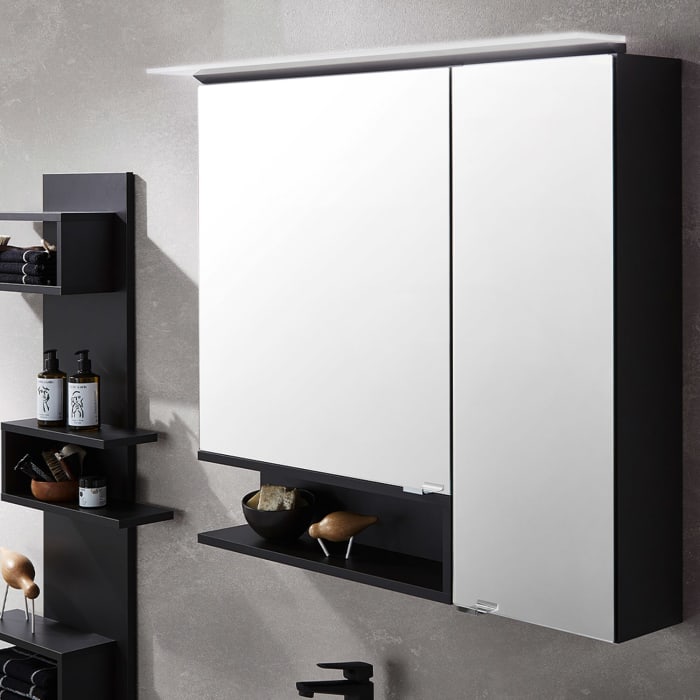 Puris c!mano Serie A Spiegelschrank 90 x 80 cm mit 2 Türen und Regal links geöffnet
