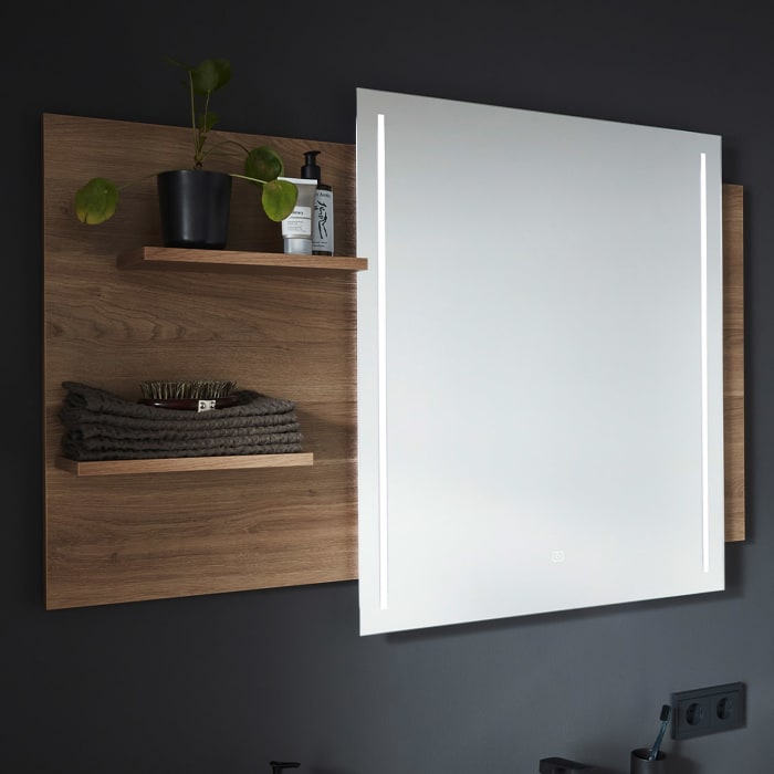 Puris c!mano Flächenspiegel 120 x 80 cm mit 2 LED Streifen und Ablagen links