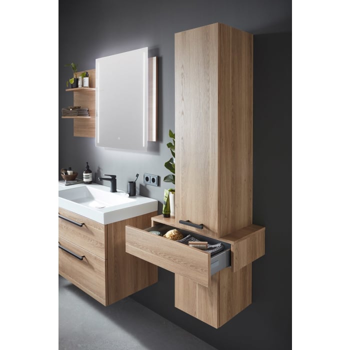 Puris c!mano Badspiegel 120 x 80 cm mit 2 LED-Streifen und Ablagen links