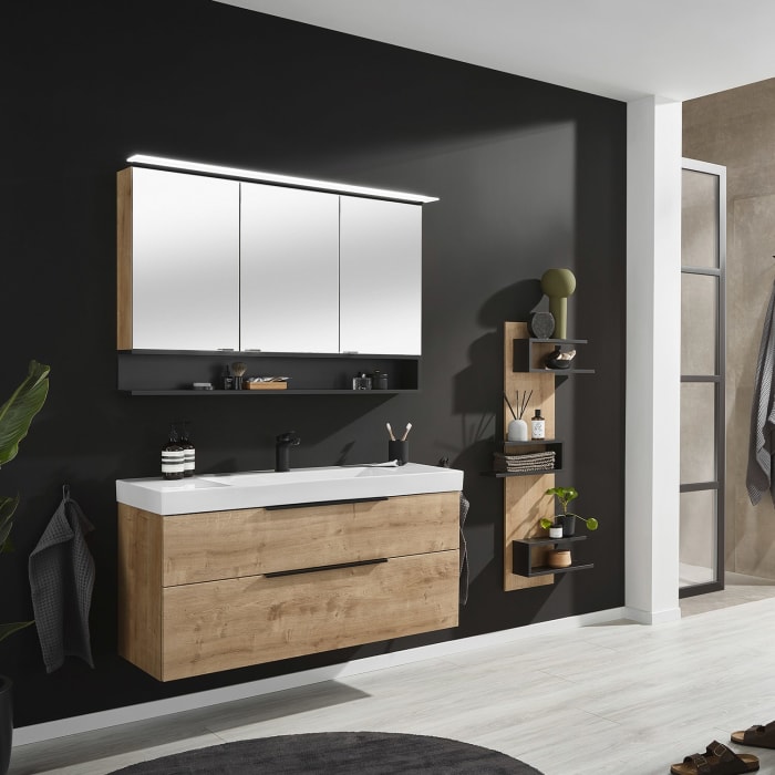 Puris c!mano Serie A Spiegelschrank 120 x 80 cm mit 3 Türen und Regal links geöffnet