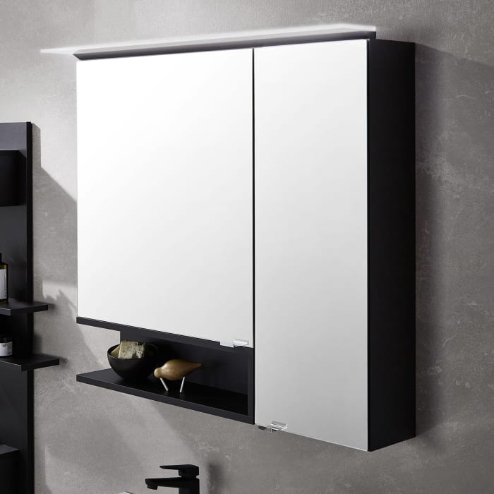 Puris c!puro Serie A Spiegelschrank 90 x 80 cm mit 2 Türen und Regal links geöffnet