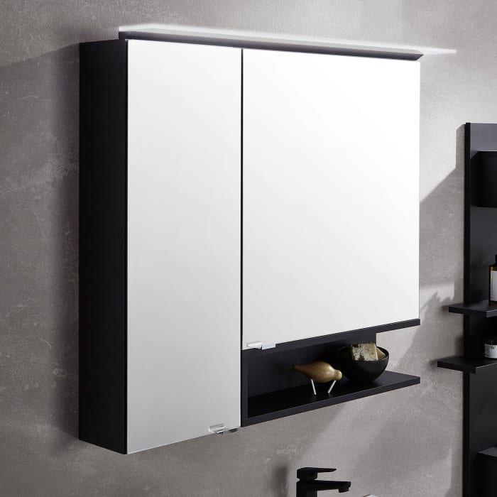 Puris c!puro Serie A Spiegelschrank 90 x 80 cm mit 2 Türen und Regal rechts geöffnet