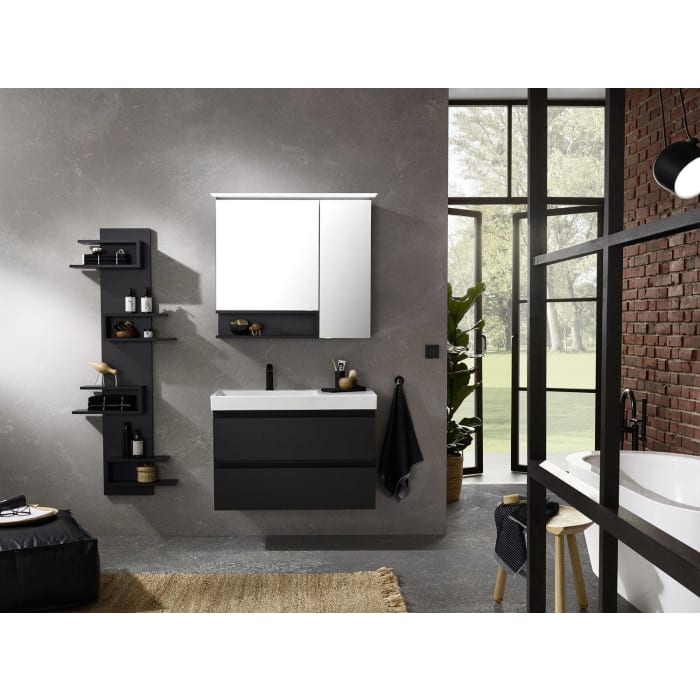 Puris c!puro Serie A Spiegelschrank 90 x 80 cm mit 2 Türen und Regal links geöffnet