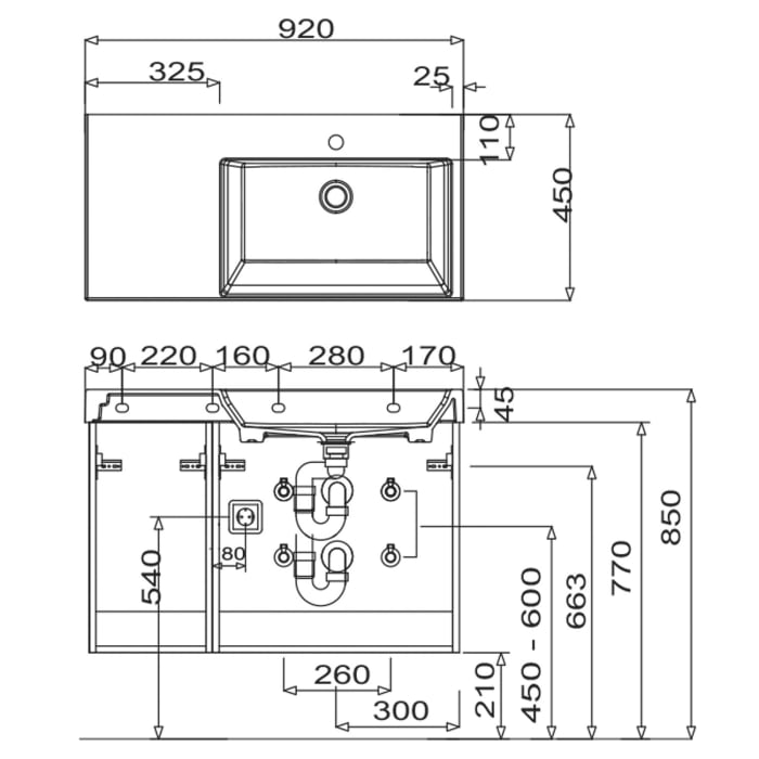 Puris c!mano Waschtischset 92 cm mit Waschtisch, Ablage links und 2 Unterschränken, Griff 289