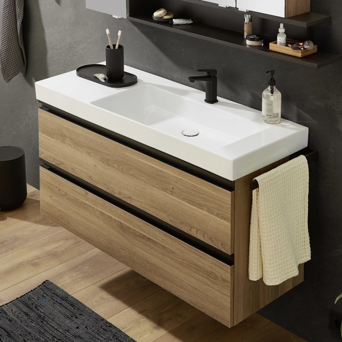 Puris c!puro Waschtischset 122 cm mit Waschtisch, Ablage links und Waschtischunterschrank mit 2 Auszügen, Griff 351