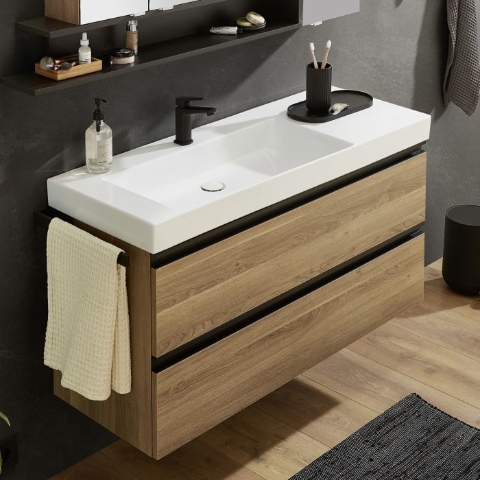 Puris c!puro Waschtischset 122 cm mit Waschtisch, Ablage rechts und Waschtischunterschrank mit 2 Auszügen, Griff 351