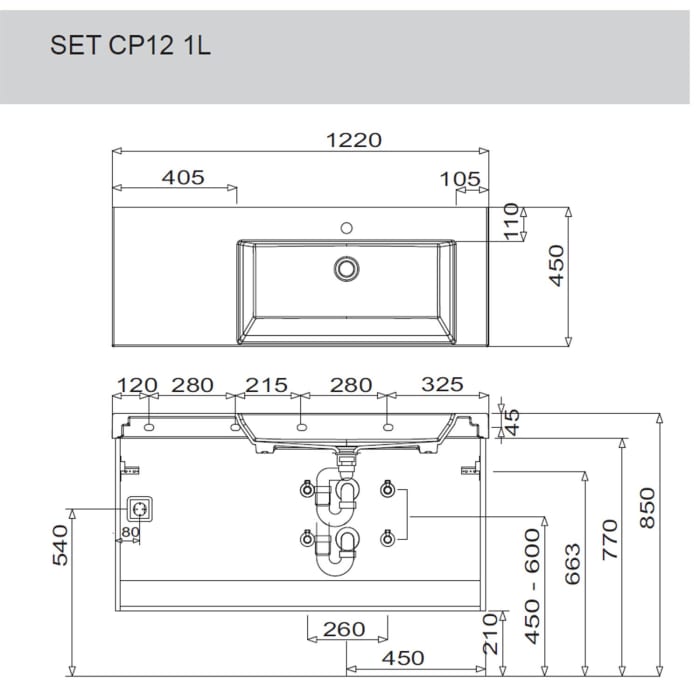 Puris c!puro Waschtischset 122 cm mit Waschtisch, Ablage links und Waschtischunterschrank mit 2 Auszügen, Griff 351