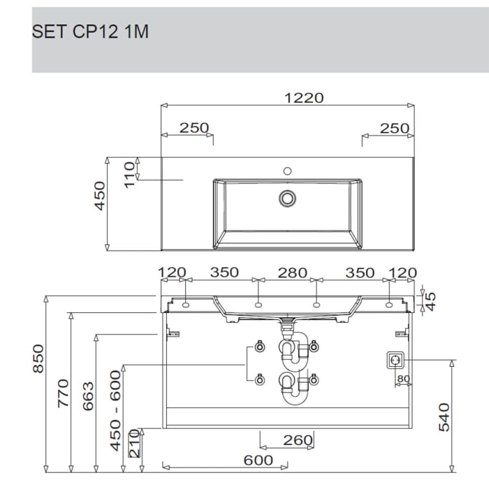 Puris c!puro Waschtischset 122 cm mit Waschtischunterschrank mit 2 Auszügen, Griff 351
