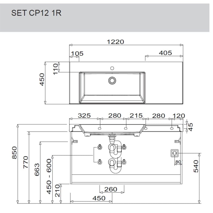 Puris c!puro Waschtischset 122 cm mit Waschtisch, Ablage rechts und Waschtischunterschrank mit 2 Auszügen, Griff 351