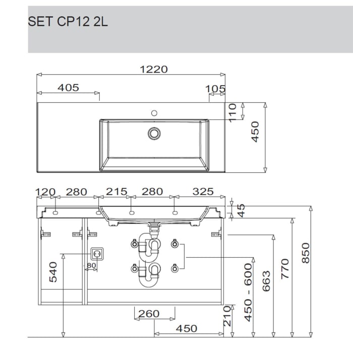 Puris c!puro Waschtischset 122 cm mit Waschtisch, Ablage links und Unterschränken mit 4 Auszügen,  Griff 351