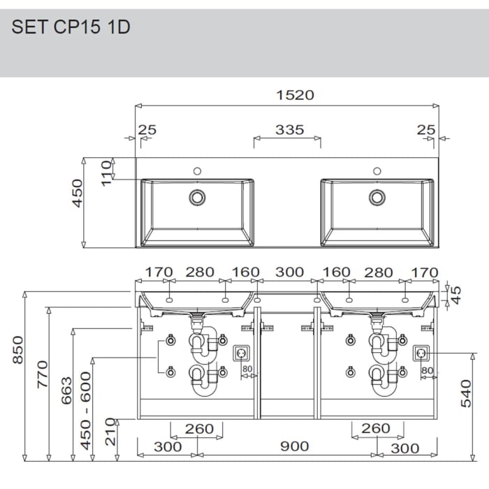 Puris c!puro Waschtischset 152 cm mit Doppelwaschtisch und Unterschränken mit 6 Auszügen,  Griff 351