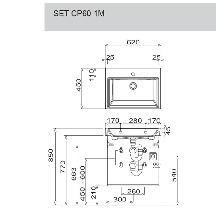 Puris c!puro Waschtischset 62 cm mit Waschtischunterschrank mit 2 Auszügen, Griff 352