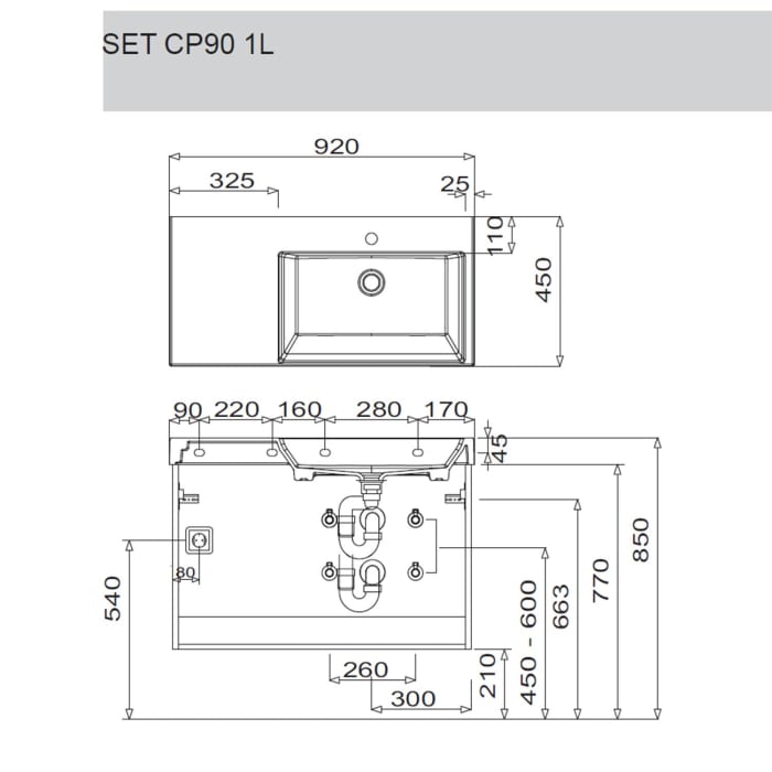 Puris c!puro Waschtischset 92 cm mit Waschtisch, Ablage links und Waschtischunterschrank mit 2 Auszügen, Griff 351