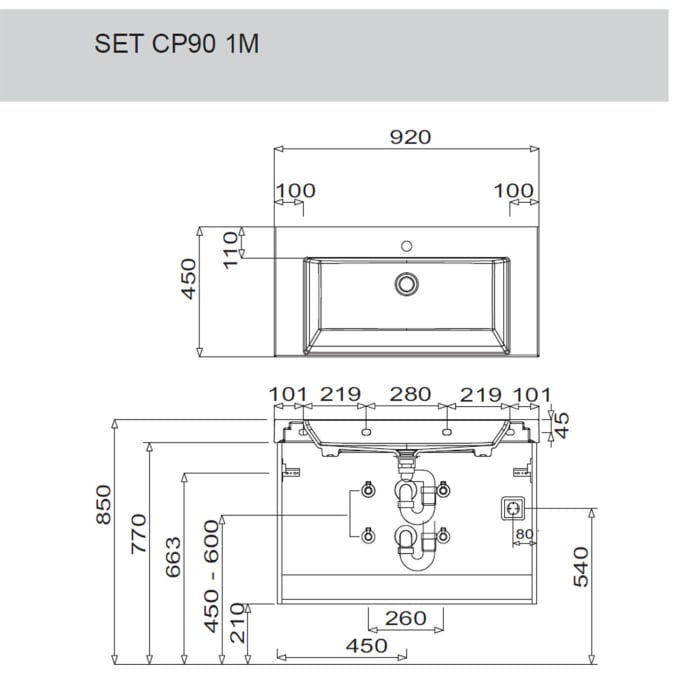Puris c!puro Waschtischset 92 cm mit Waschtischunterschrank mit 2 Auszügen, Griff 352