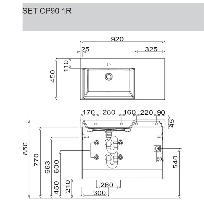 Puris c!puro Waschtischset 92 cm mit Waschtisch, Ablage rechts und Waschtischunterschrank mit 2 Auszügen, Griff 351