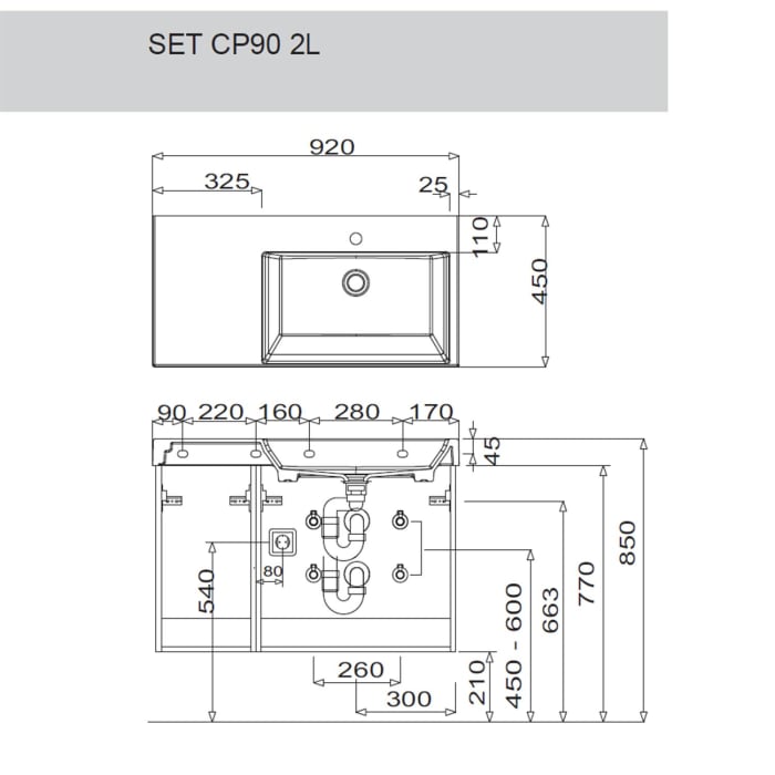 Puris c!puro Waschtischset 92 cm mit Waschtisch, Ablage links und Unterschränken mit 4 Auszügen,  Griff 351