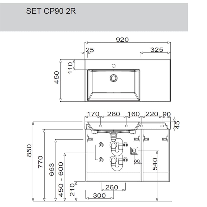 Puris c!puro Waschtischset 92 cm mit Waschtisch, Ablage rechts und Unterschränken mit 4 Auszügen,  Griff 351