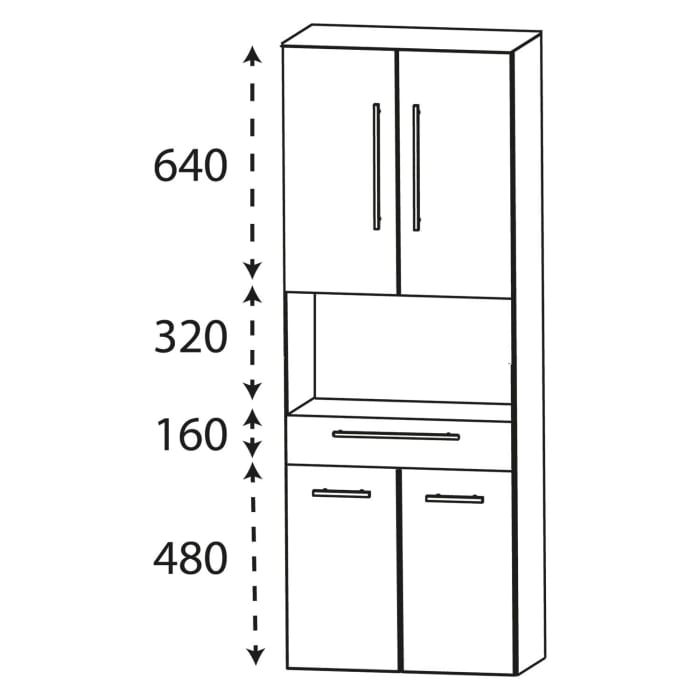 Puris Linea Hochschrank 60 x 30 x 160 cm mit 4 Türen, 1 Schubkasten, 1 offenes Fach, Griff 350
