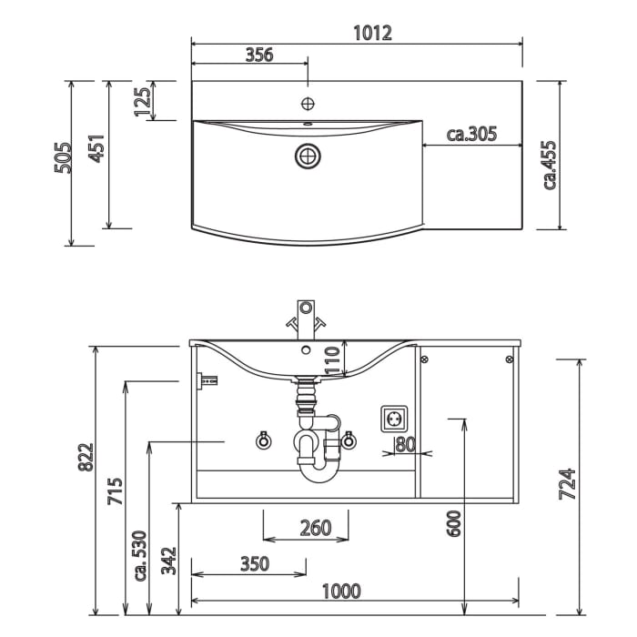 Puris Linea Waschtisch mit Unterschrank 101,2 cm mit LED-Beleuchtung, Tür rechts, Griff 350