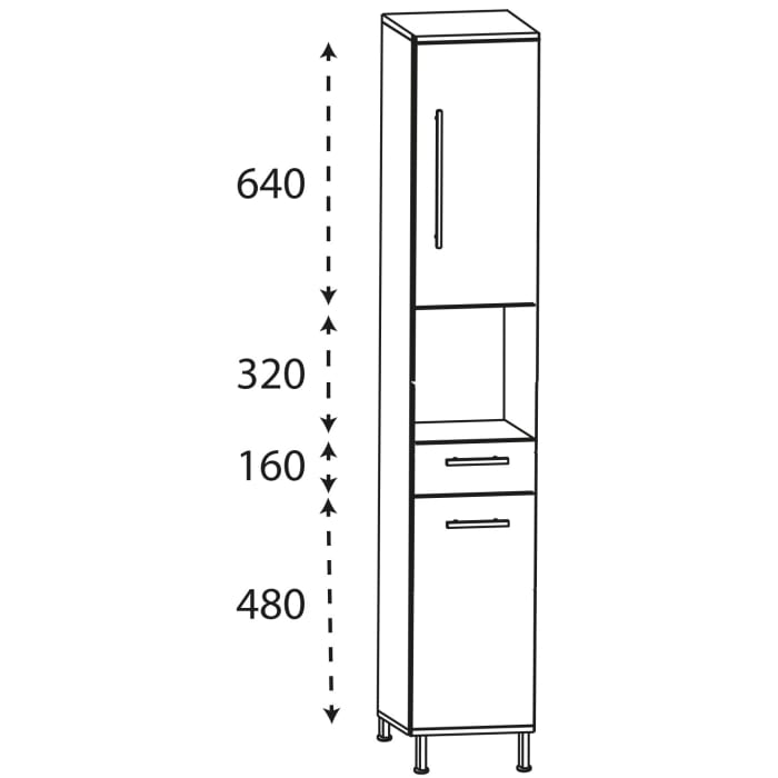Puris Quada Hochschrank 40 x 30 x 174,8 cm mit 1 Schubkasten, 1 offenem Fach und 2 Türen, Anschlag rechts, Griff 335