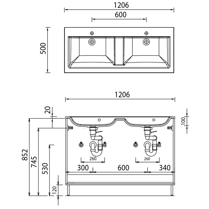 Puris Quada Waschtischkombination 120 cm mit Doppelwaschtisch, Griff 335