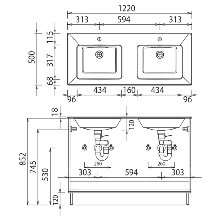Puris Quada Waschtischkombination 122 cm mit Doppelwaschtisch, Griff 335