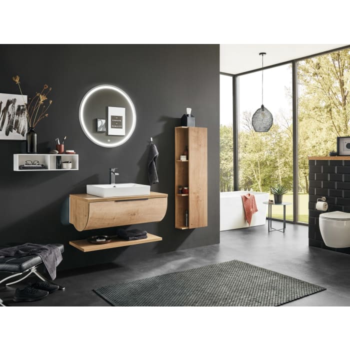 Puris Rounds Waschtischunterschrank für Aufsatzwaschtisch 62 cm mit 1 Auszug, Griff 339, mit LED-Beleuchtung