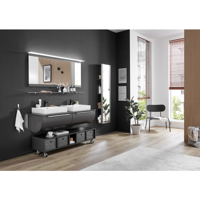 Puris Rounds Waschtischunterschrank für Doppel- Aufsatzwaschtisch 142 cm mit 1 Auszug, Griff 338, mit LED-Beleuchtung