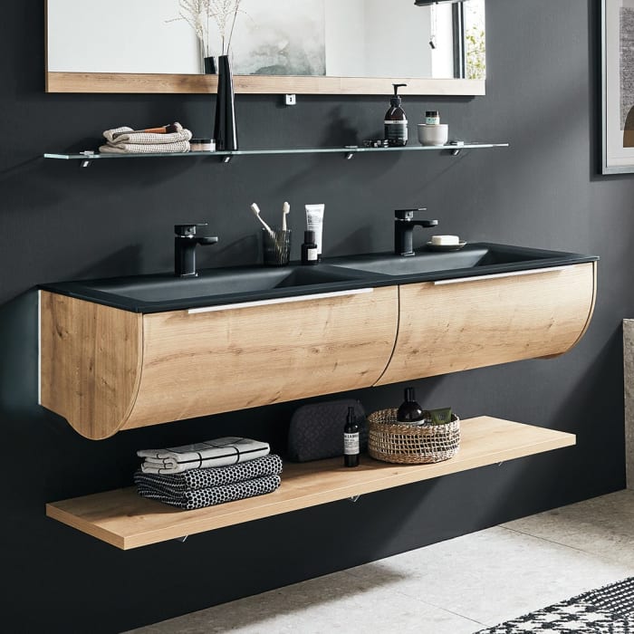 Puris Rounds Waschtischunterschrank für Doppel-Möbelwaschtisch 142 cm mit 2 Auszügen, Griff 329, mit LED-Beleuchtung