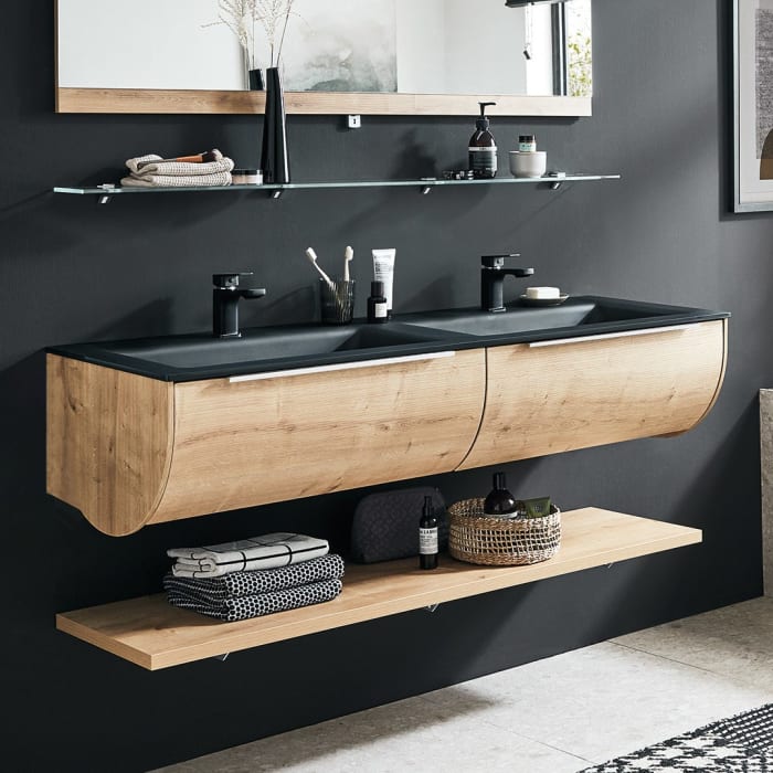 Puris Rounds Waschtischunterschrank für Doppel-Möbelwaschtisch 142 cm mit 2 Auszügen, Griff 338