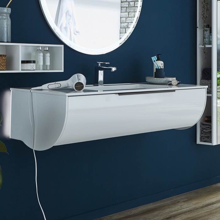 Puris Rounds Waschtischunterschrank für Möbelwaschtisch 122 cm mit 1 Auszug, Griff 339, mit LED-Beleuchtung