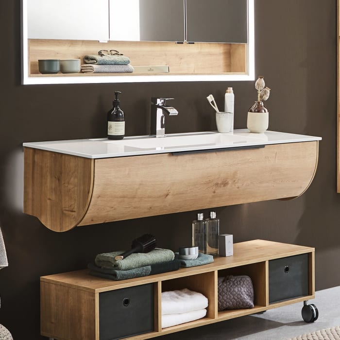 Puris Rounds Waschtischunterschrank für Möbelwaschtisch 122 cm mit 1 Auszug, Griff 339, mit LED-Beleuchtung